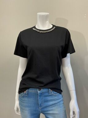 Pinko Crystal Embellished Neck T-Shirt Black Short Sleeve Tee Size S